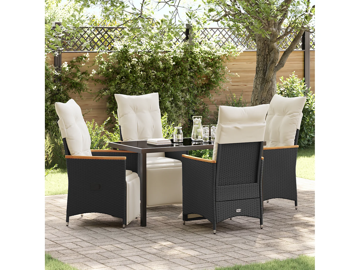 Set de salle à manger de jardin de 5 pièces avec coussins Rattan poly noir