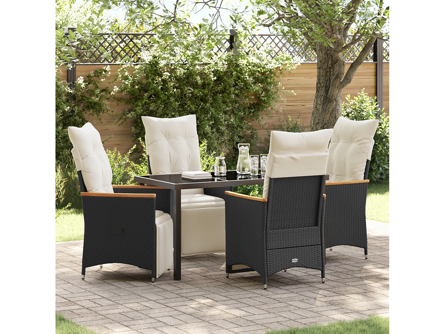Set de salle à manger de jardin de 5 pièces avec coussins Rattan poly noir
