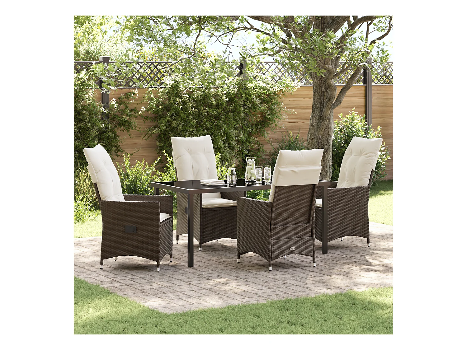 Ensemble de salle à manger de jardin de 5 pièces avec coussins marron en poly rattan