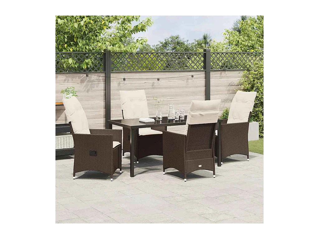 Ensemble de salle à manger de jardin de 5 pièces avec coussins marron en poly rattan