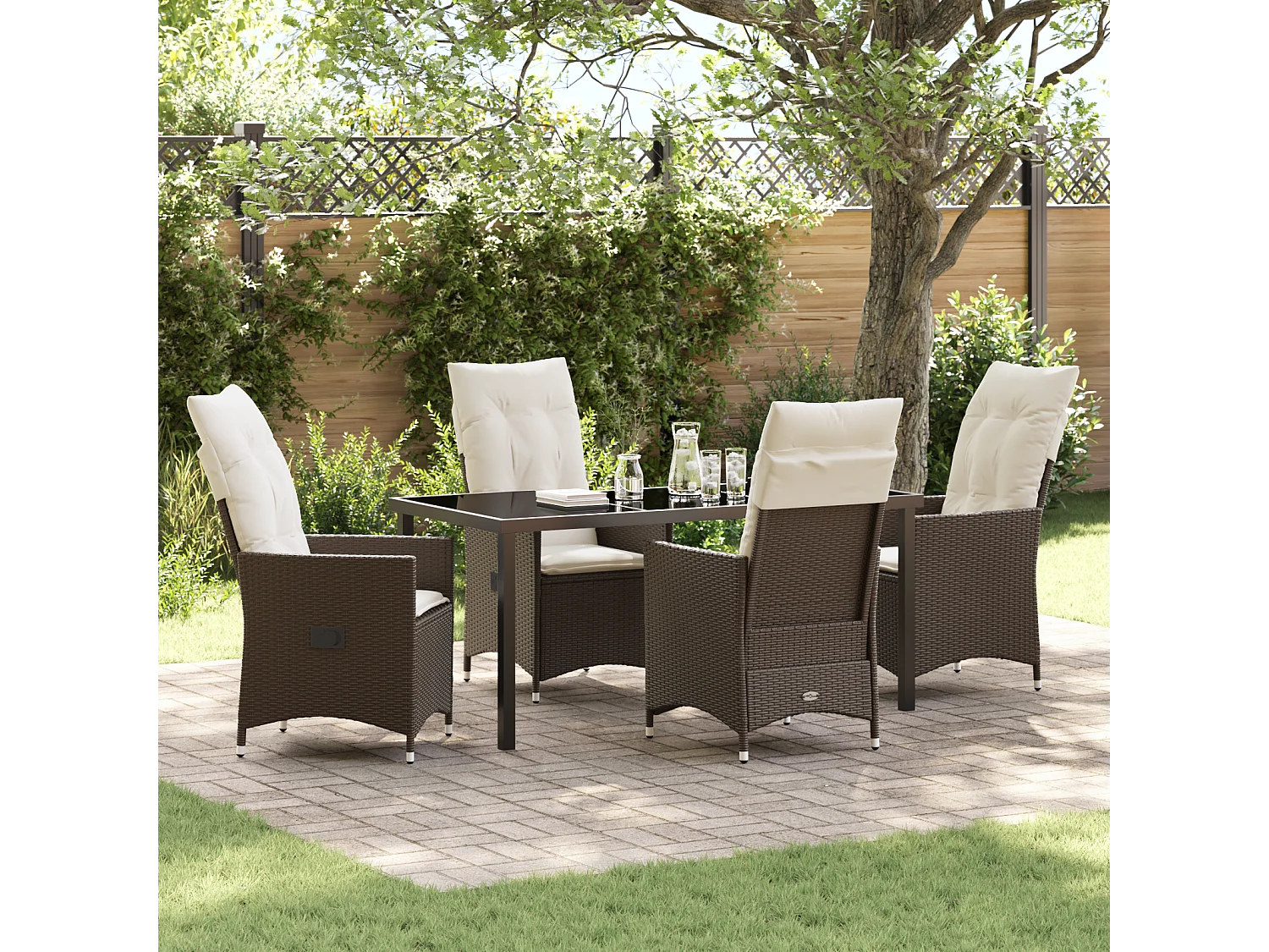 Ensemble de salle à manger de jardin de 5 pièces avec coussins marron en poly rattan