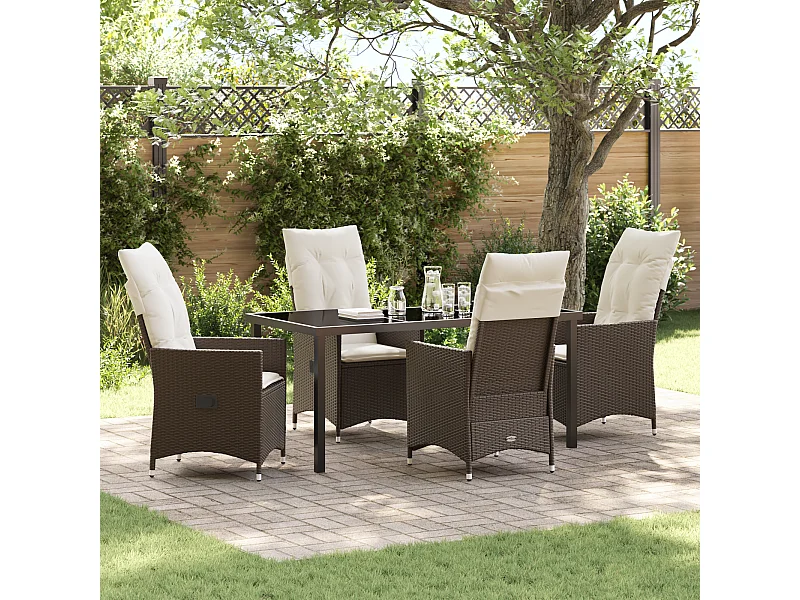 Ensemble de salle à manger de jardin de 5 pièces avec coussins marron en poly rattan
