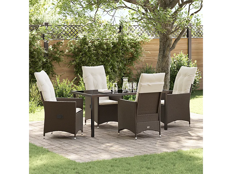 Ensemble de salle à manger de jardin de 5 pièces avec coussins marron en poly rattan