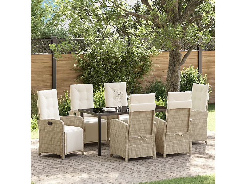 Ensemble de salle à manger de jardin 7 pièces avec coussins beige en rotin poly