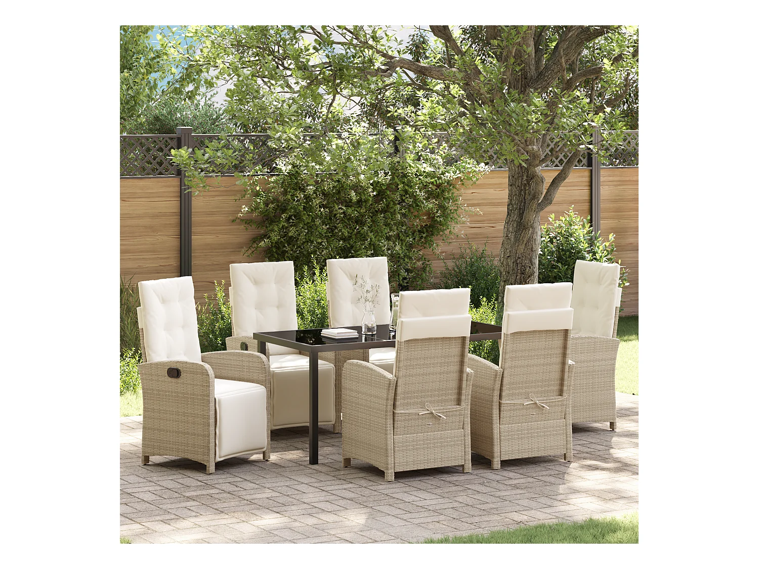 Ensemble de salle à manger de jardin 7 pièces avec coussins beige en rotin poly