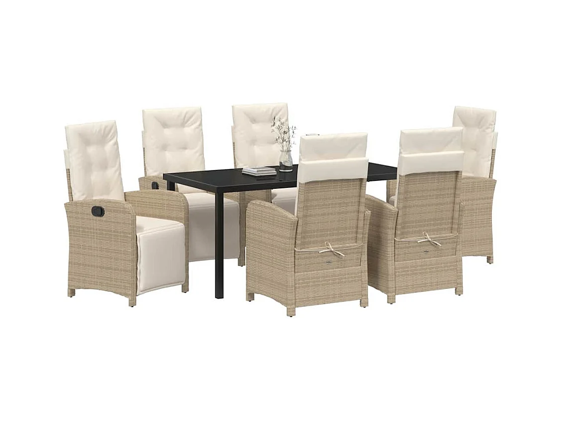 Ensemble de salle à manger de jardin 7 pièces avec coussins beige en rotin poly