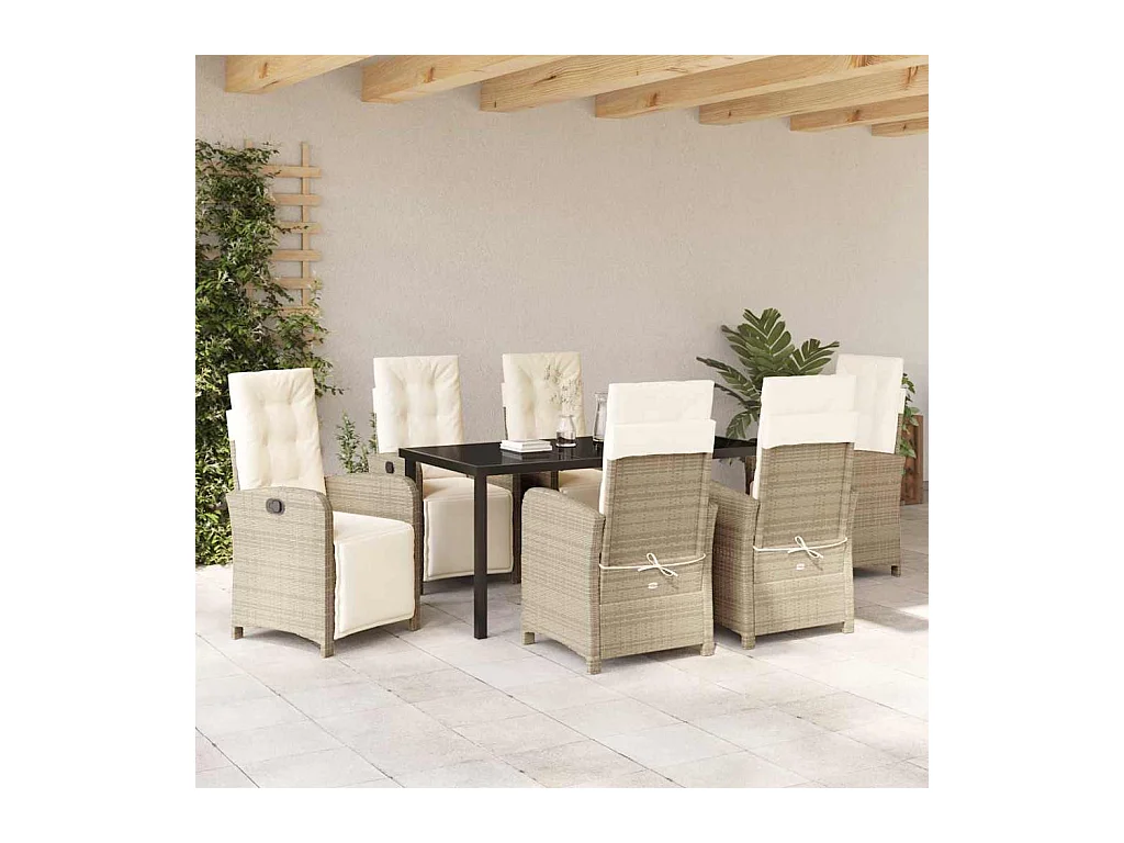 Ensemble de salle à manger de jardin 7 pièces avec coussins beige en rotin poly