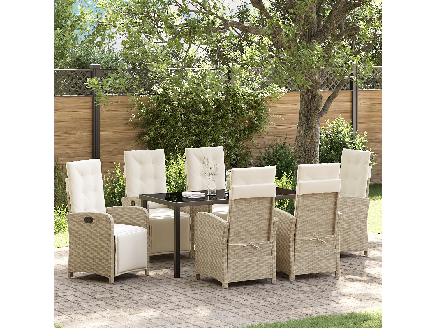 Ensemble de salle à manger de jardin 7 pièces avec coussins beige en rotin poly