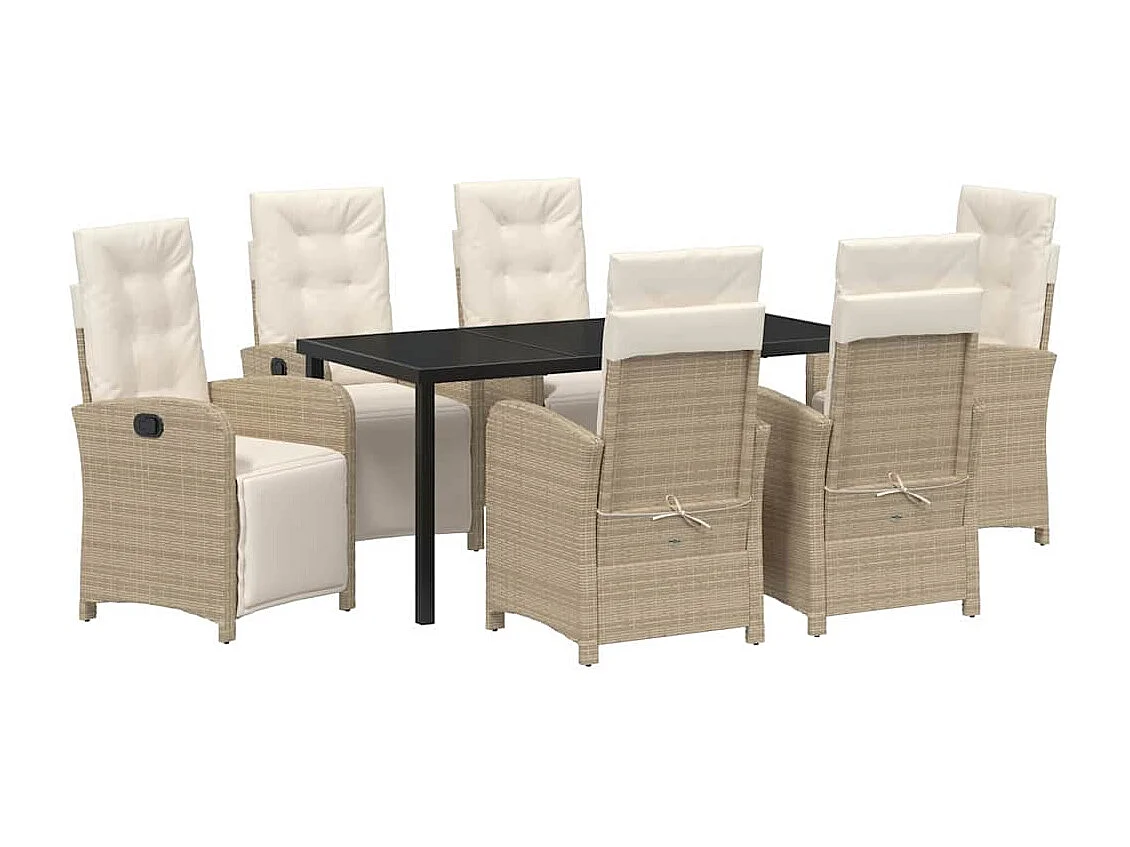 Ensemble de salle à manger de jardin 7 pièces avec coussins beige en rotin poly