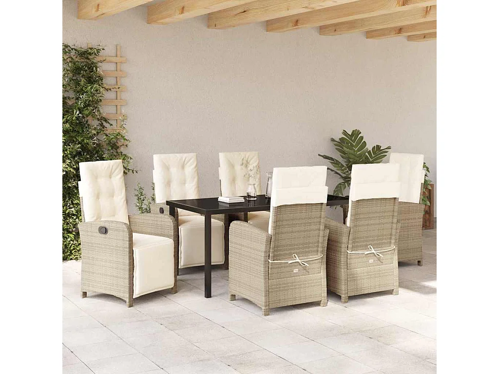 Ensemble de salle à manger de jardin 7 pièces avec coussins beige en rotin poly