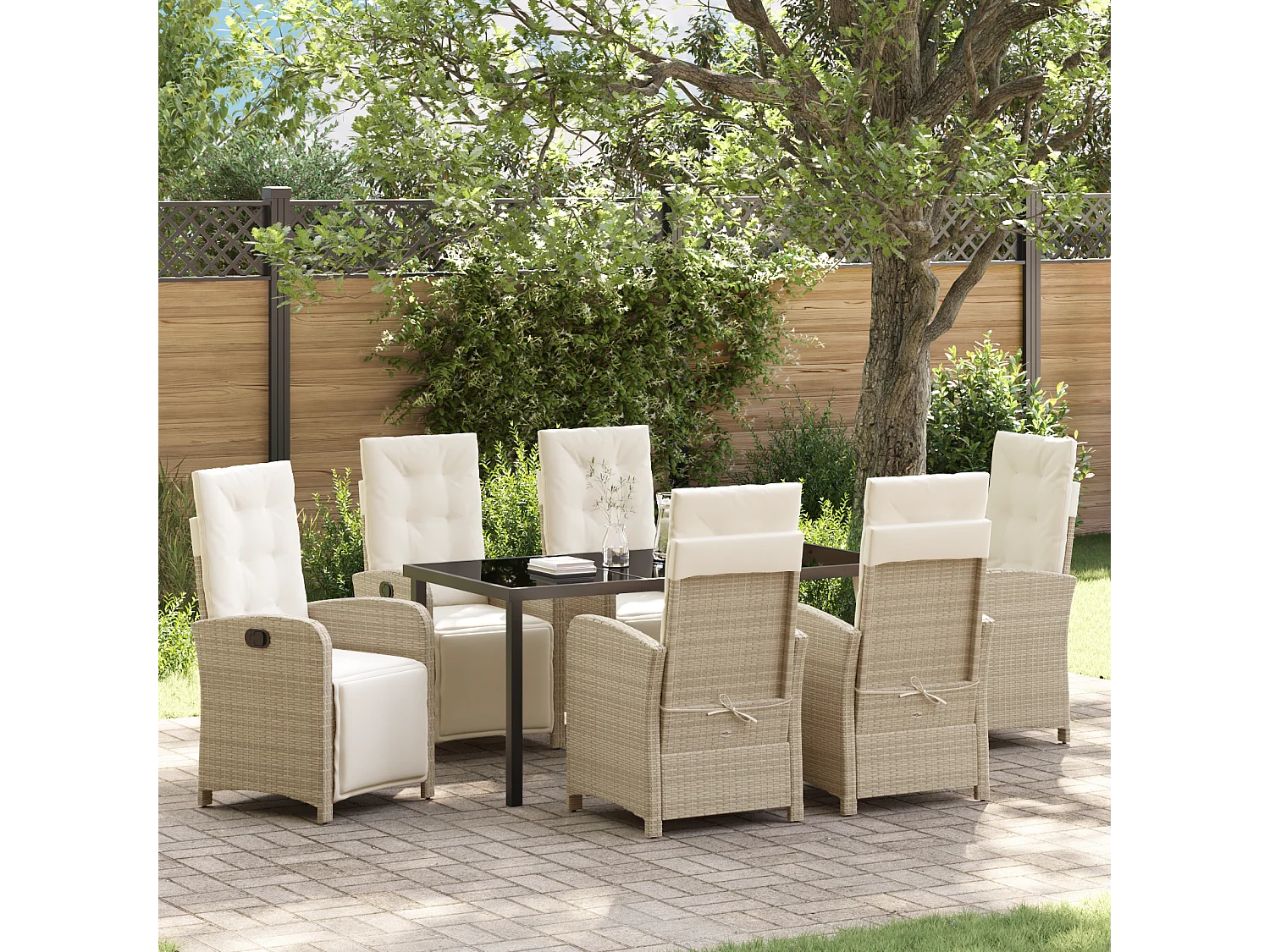 Ensemble de salle à manger de jardin 7 pièces avec coussins beige en rotin poly