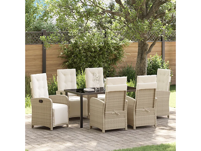 Ensemble de salle à manger de jardin 7 pièces avec coussins beige en rotin poly