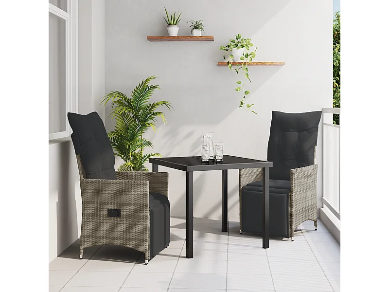 Set da pranzo da giardino 3 pezzi con cuscini in polyrattan grigio