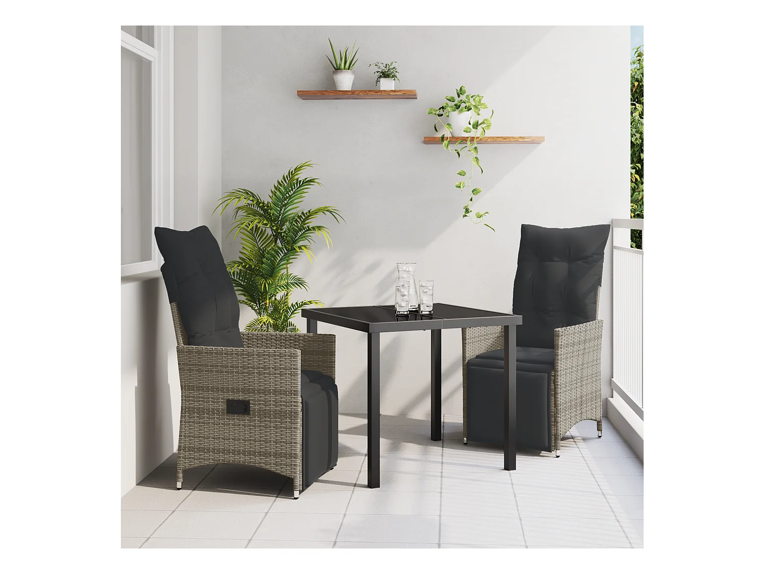 Set da pranzo da giardino 3 pezzi con cuscini in polyrattan grigio