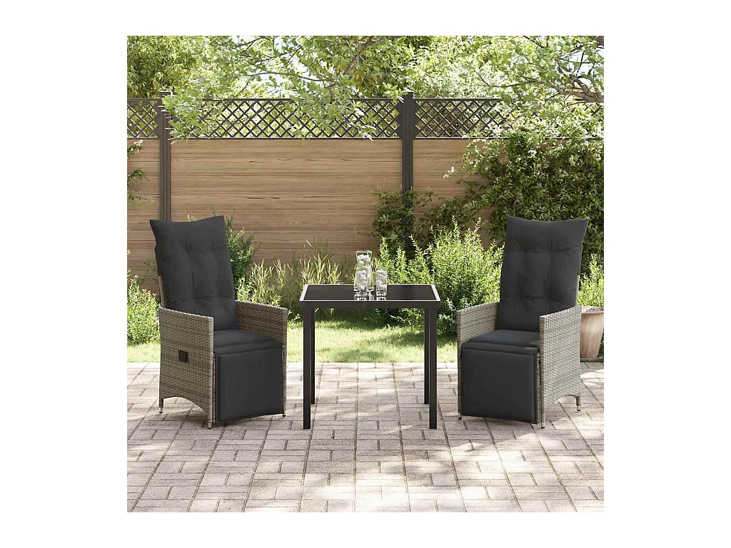 Set da pranzo da giardino 3 pezzi con cuscini in polyrattan grigio