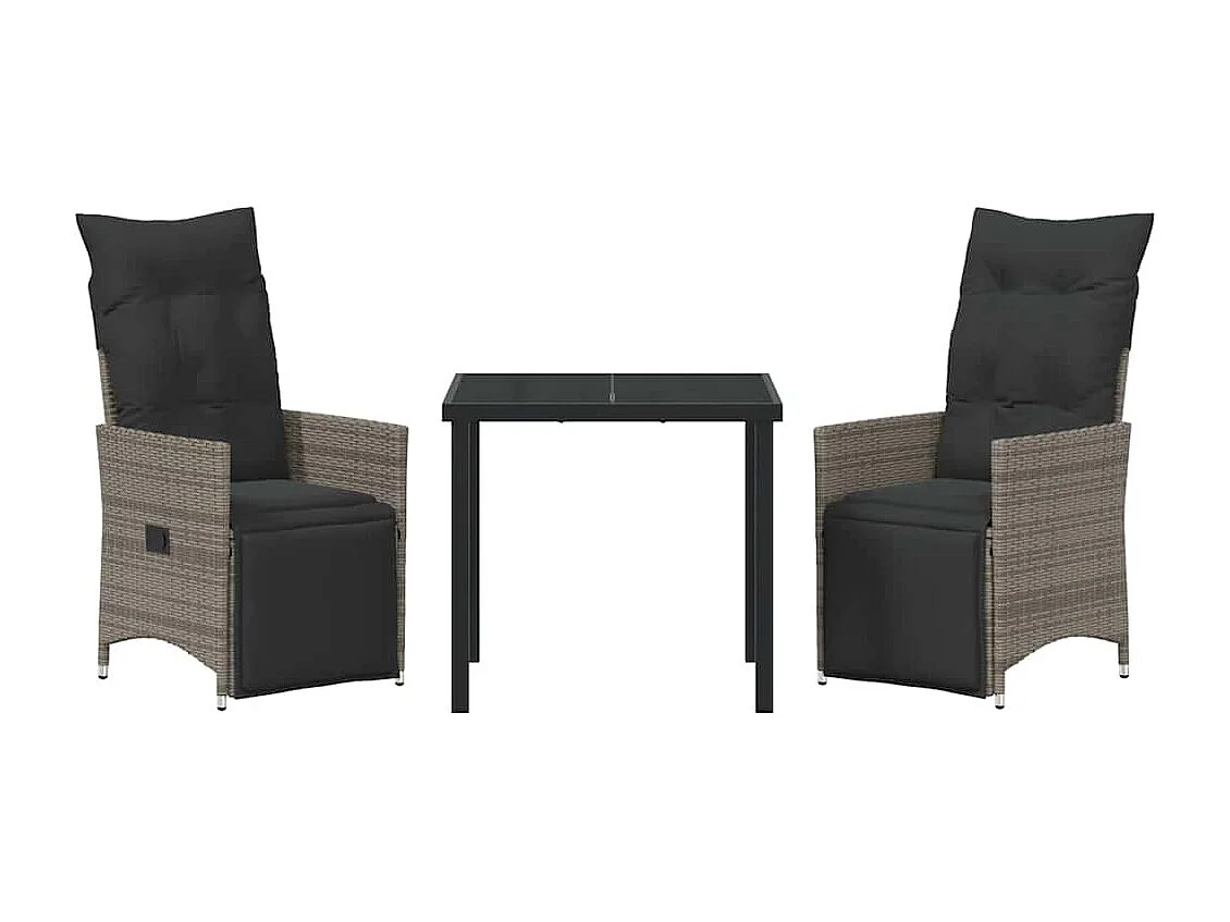 Set da pranzo da giardino 3 pezzi con cuscini in polyrattan grigio