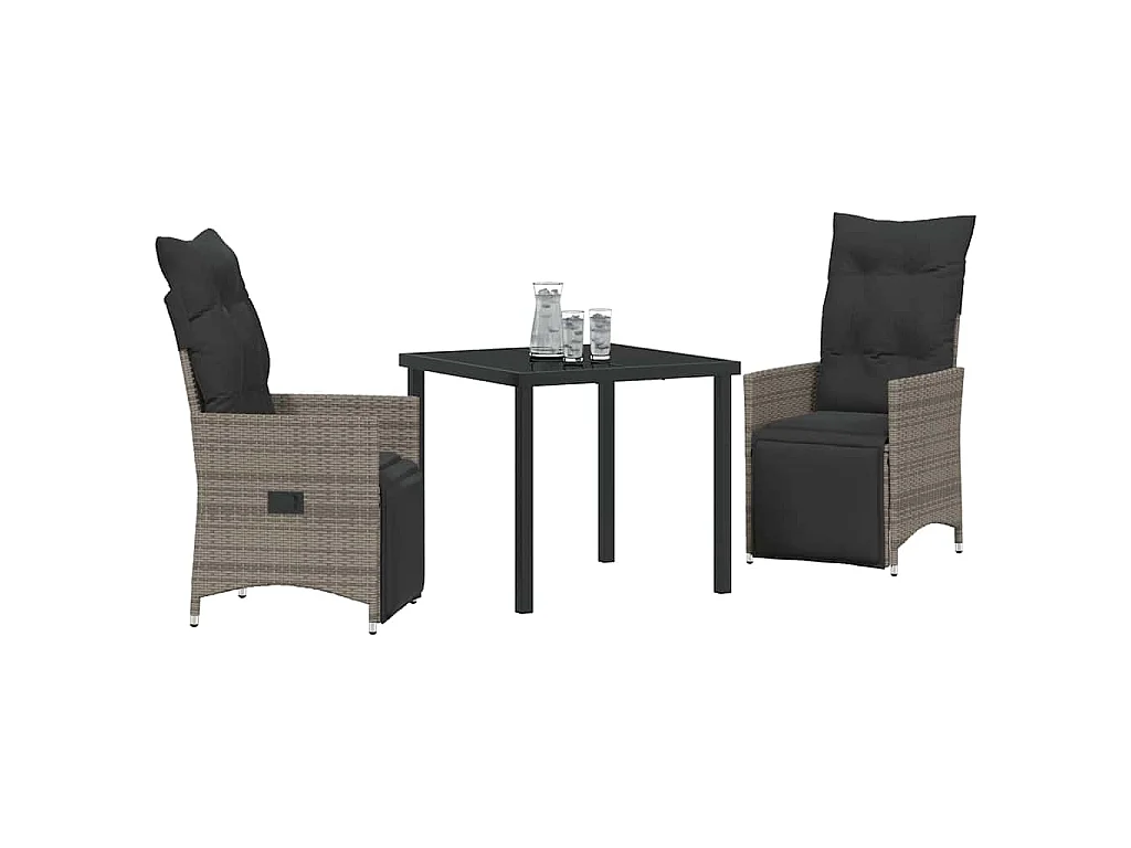 Set de salle à manger de jardin 3 pièces avec coussins Gris Poly Rattan