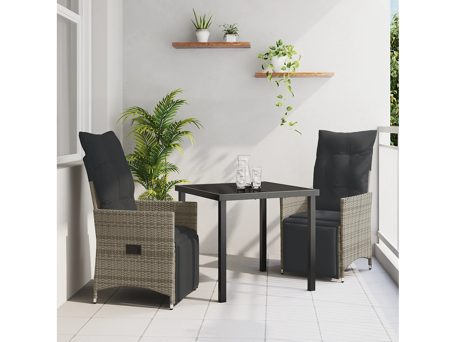 Set de salle à manger de jardin 3 pièces avec coussins Gris Poly Rattan