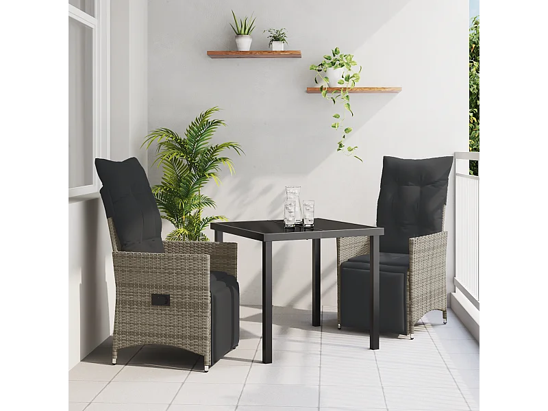 3-teiliges Garten-Ess-Set mit Kissen, grau, Polyrattan