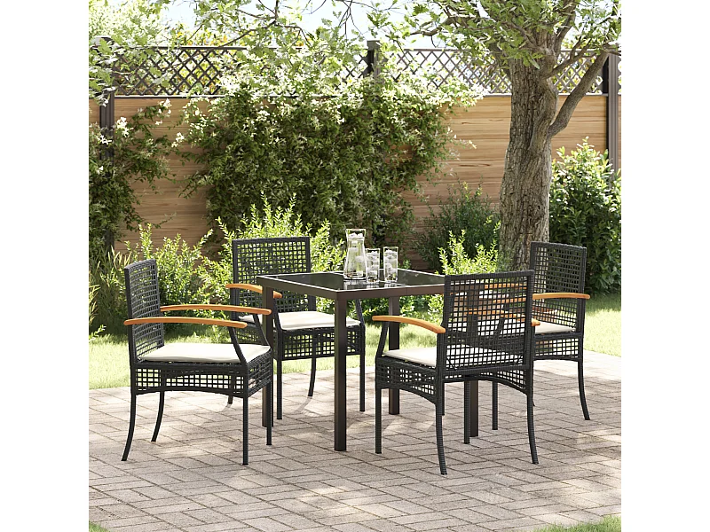 Ensemble de salle à manger de jardin 5 pièces avec coussins Noir Poly Rattan