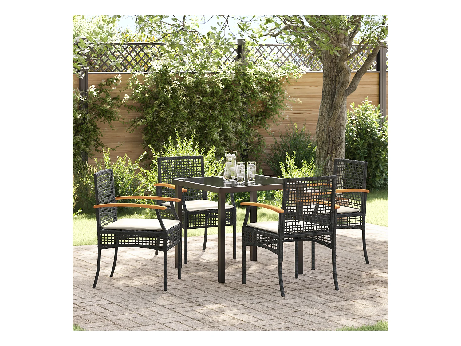 Set da pranzo da giardino 5 pezzi con cuscini in polyrattan nero