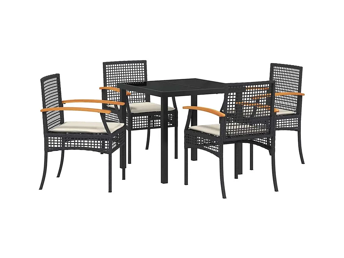 Set da pranzo da giardino 5 pezzi con cuscini in polyrattan nero