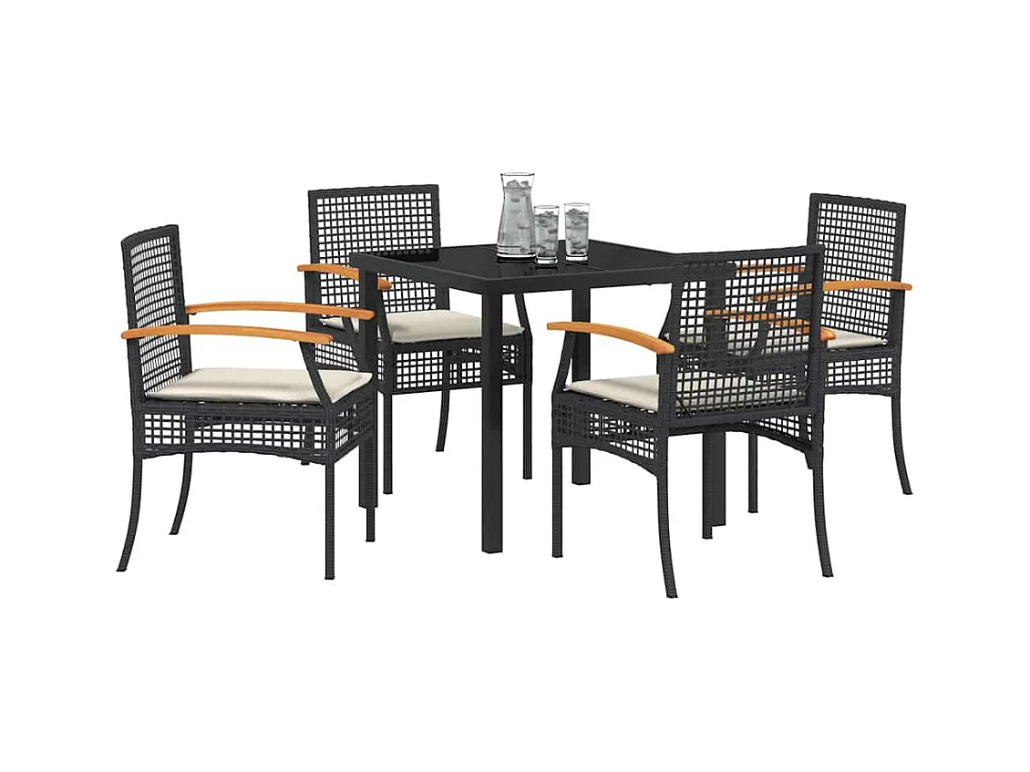 Set da pranzo da giardino 5 pezzi con cuscini in polyrattan nero