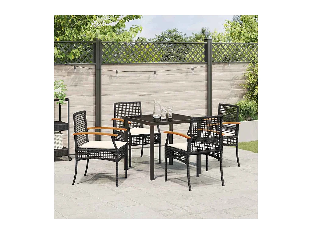 Set da pranzo da giardino 5 pezzi con cuscini in polyrattan nero