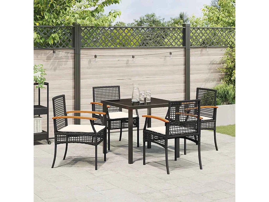 Ensemble de salle à manger de jardin 5 pièces avec coussins Noir Poly Rattan