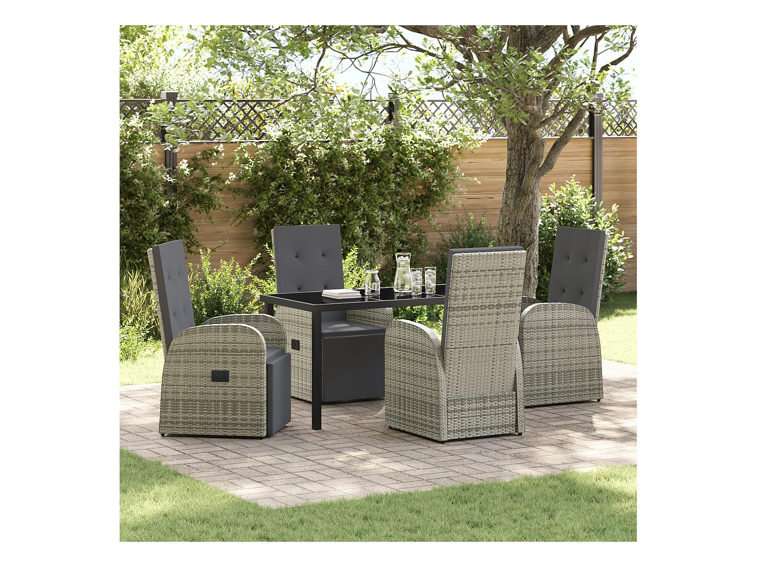 Set da pranzo da giardino 5 pezzi con cuscini grigi in polyrattan