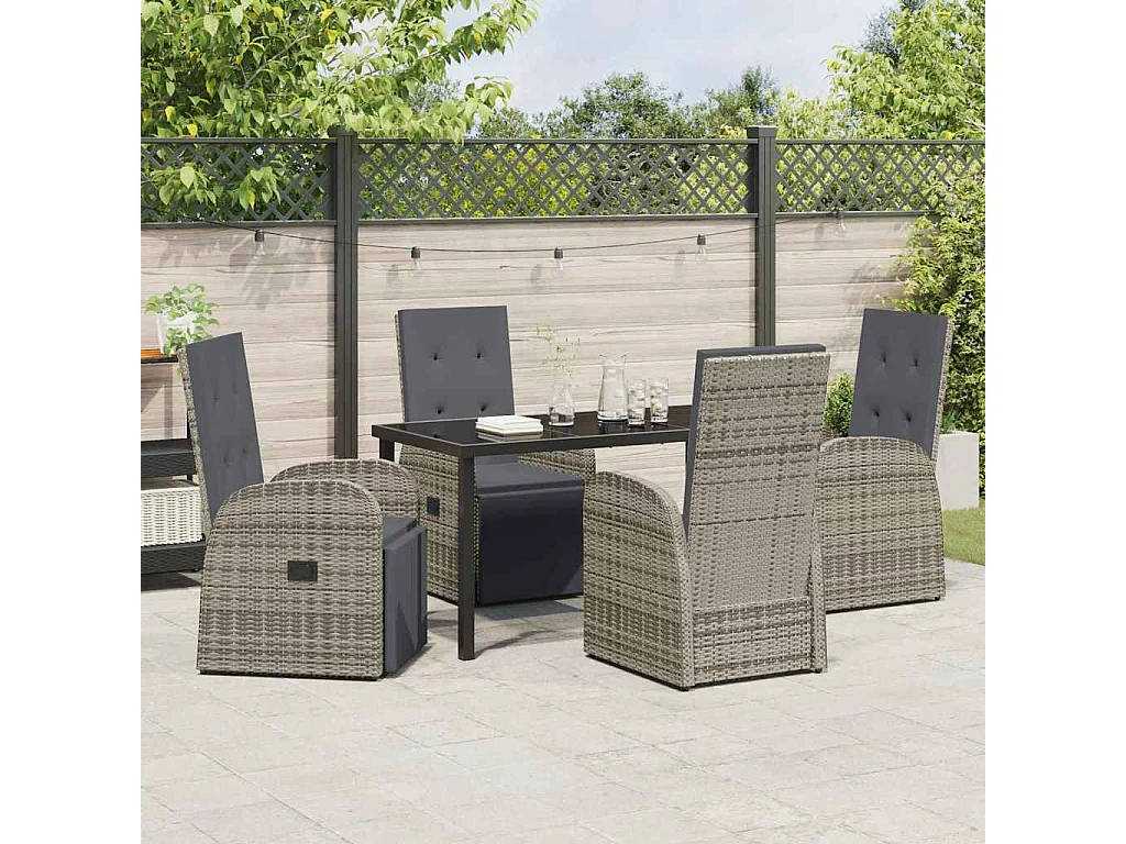 5-teiliges Garten-Essset mit grauen Kissen aus Polyrattan