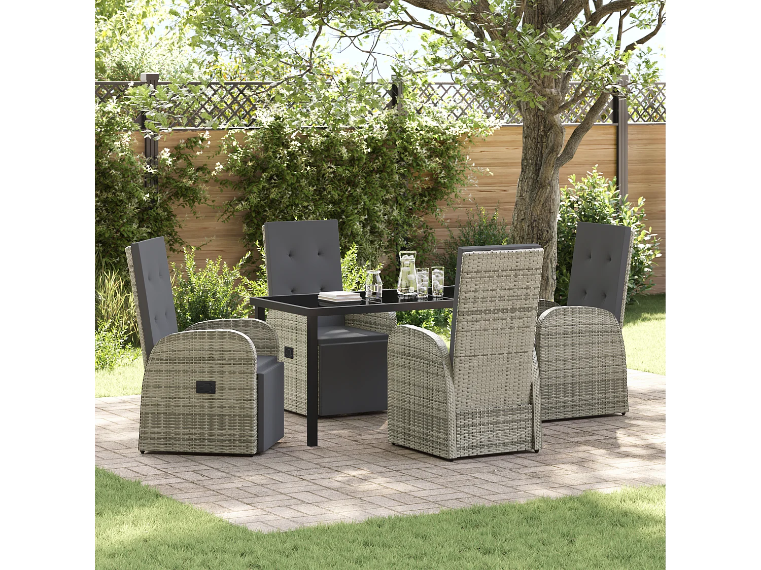 Set de salle à manger de jardin 5 pièces avec coussins gris en rotin poly