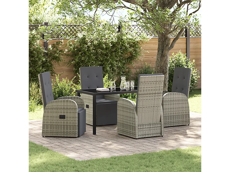 Set da pranzo da giardino 5 pezzi con cuscini grigi in polyrattan