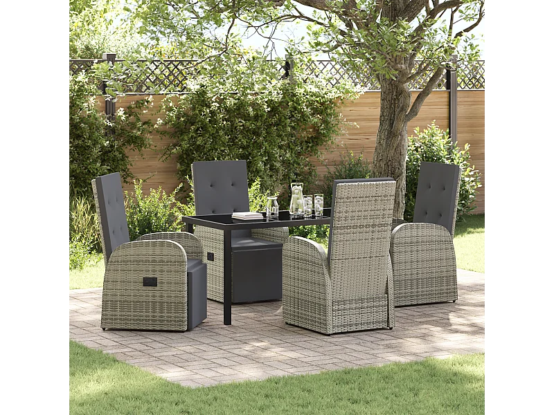 Set da pranzo da giardino 5 pezzi con cuscini grigi in polyrattan