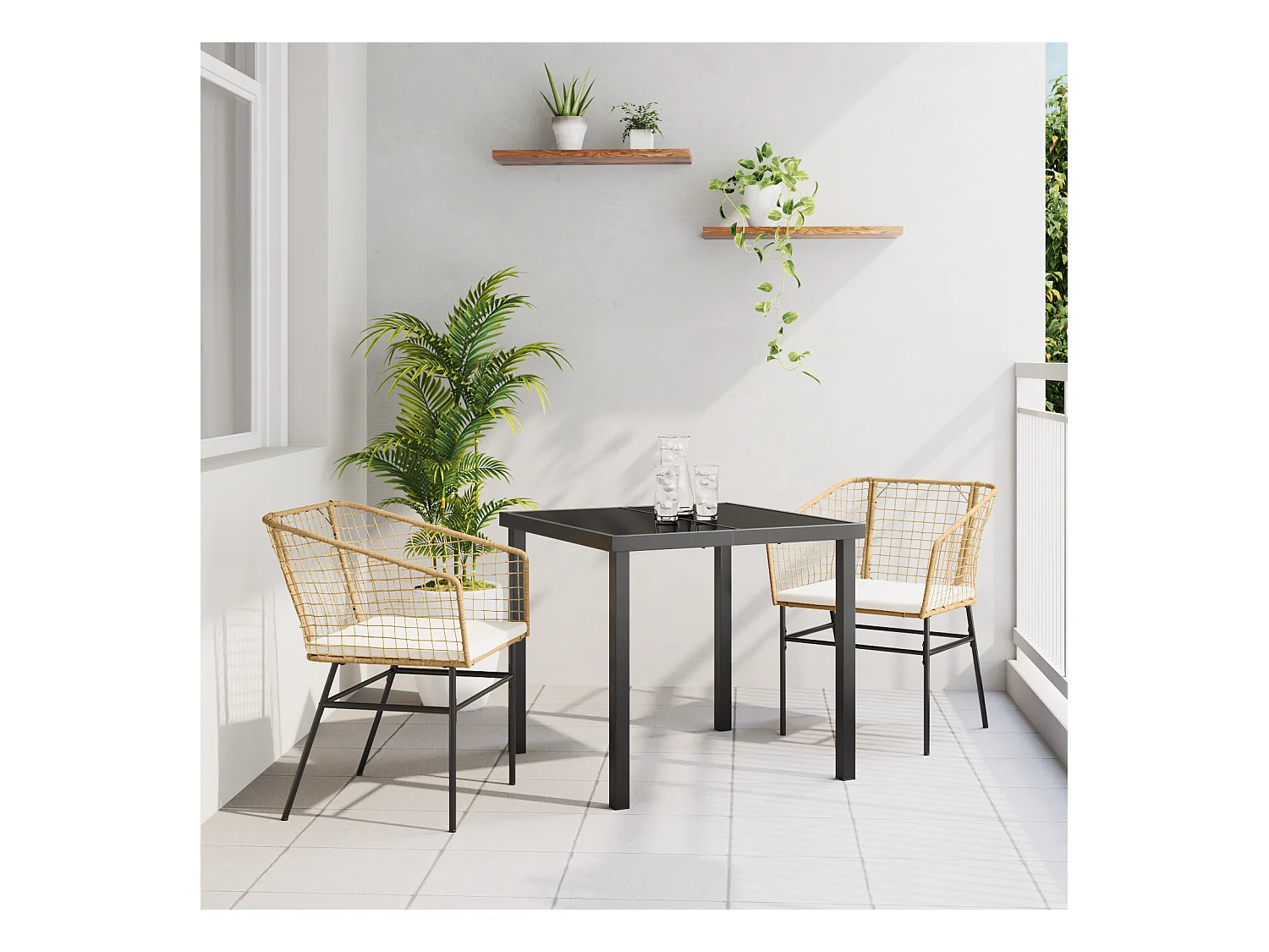 Set da pranzo da giardino 3 pezzi con cuscini marroni in rattan sintetico