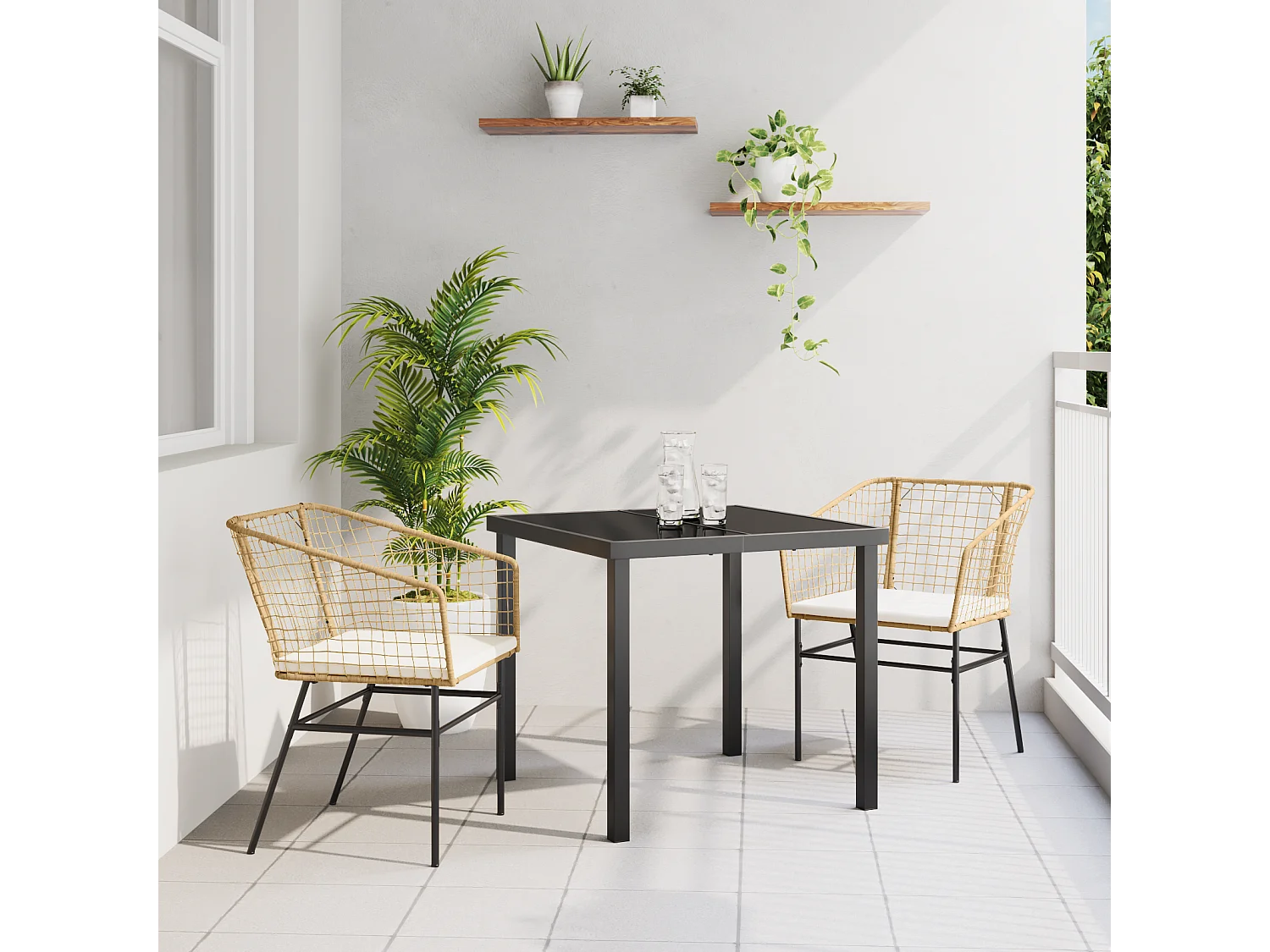 Ensemble de salle à manger de jardin 3 pièces avec coussins marron en rattan synthétique