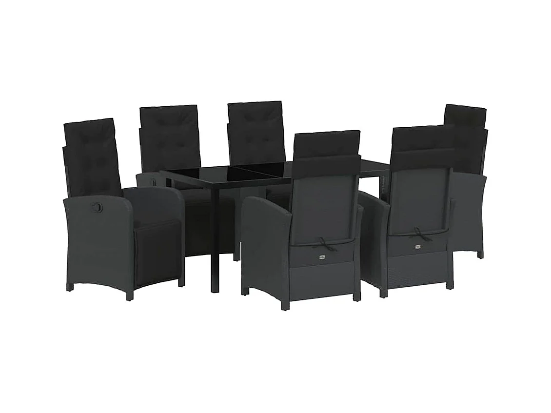 Ensemble de repas de jardin 7 pièces avec coussins en rotin poly noir