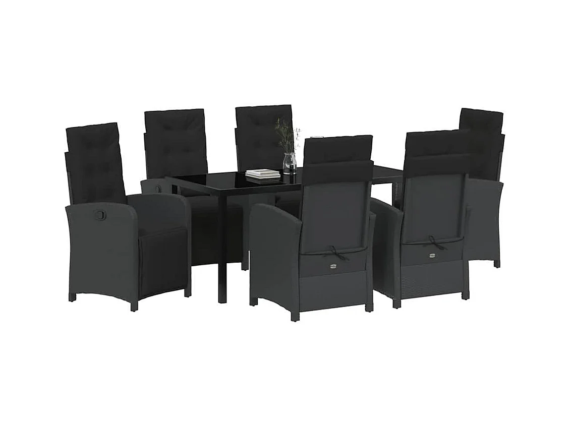 Ensemble de repas de jardin 7 pièces avec coussins en rotin poly noir