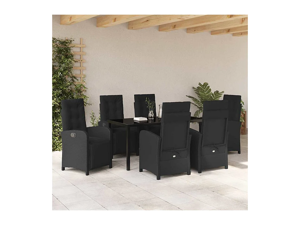 Ensemble de repas de jardin 7 pièces avec coussins en rotin poly noir