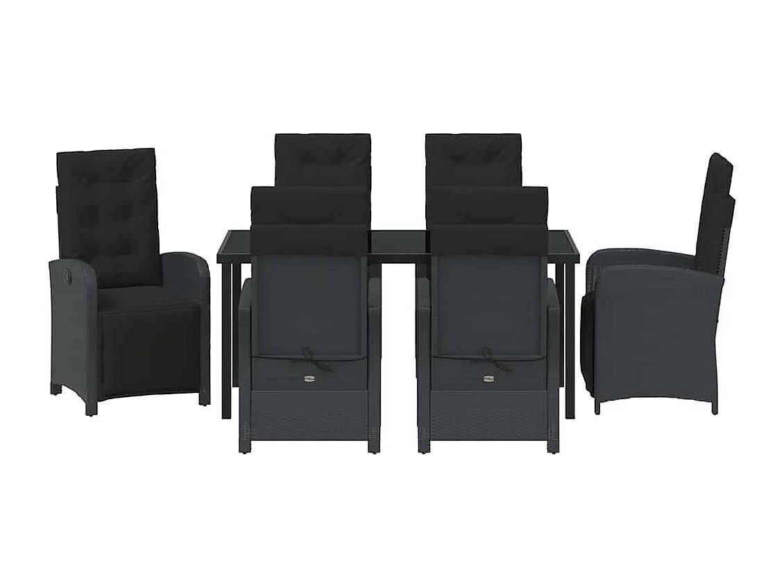 Ensemble de repas de jardin 7 pièces avec coussins en rotin poly noir