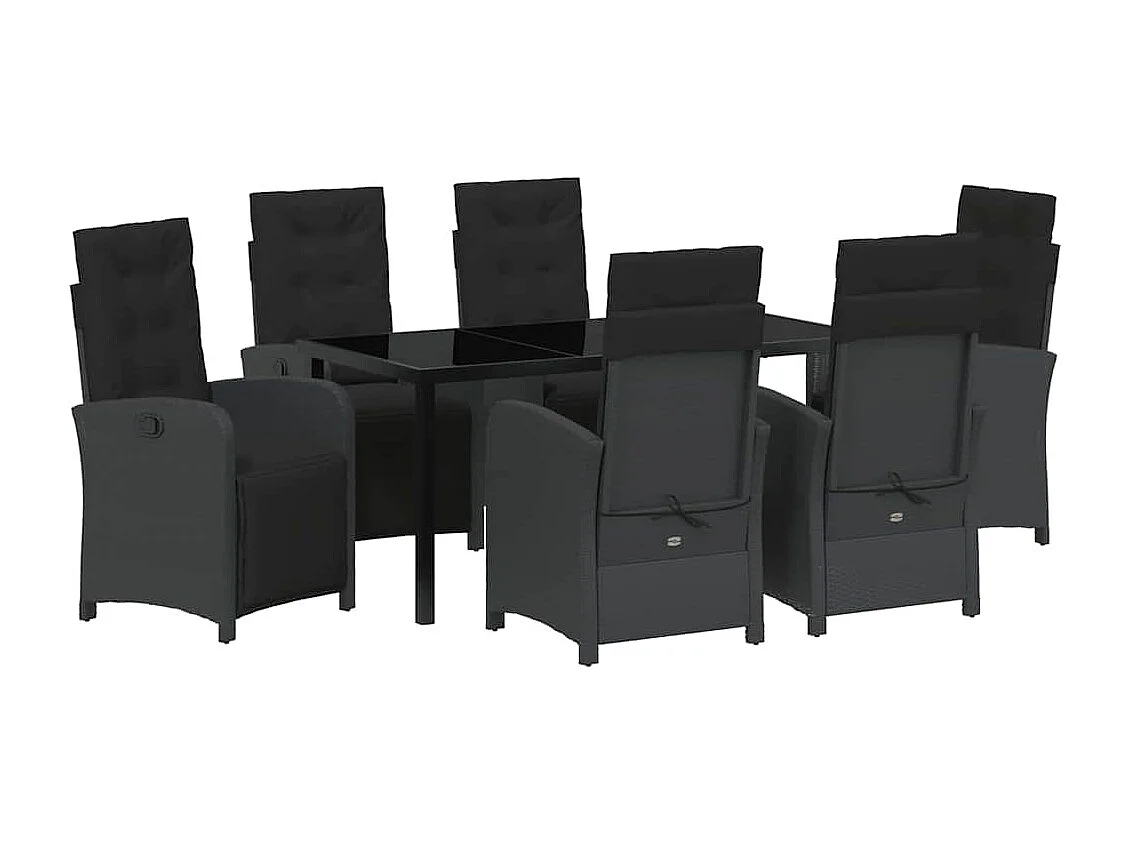 Ensemble de repas de jardin 7 pièces avec coussins en rotin poly noir