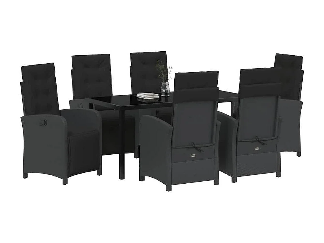 Ensemble de repas de jardin 7 pièces avec coussins en rotin poly noir