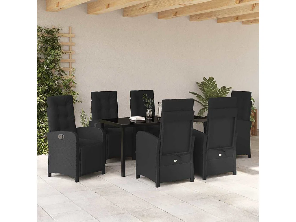 Ensemble de repas de jardin 7 pièces avec coussins en rotin poly noir