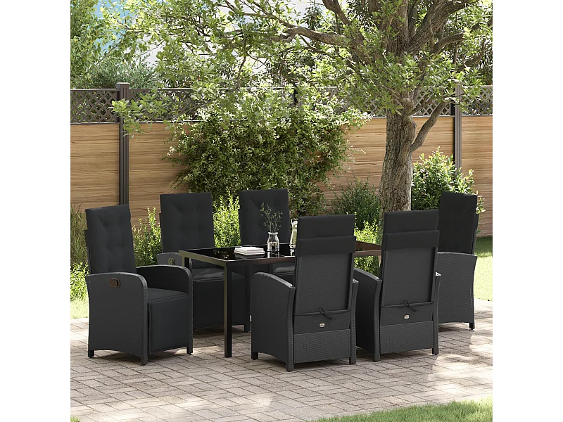 Set da pranzo da giardino da 7 pezzi con cuscini in polyrattan nero