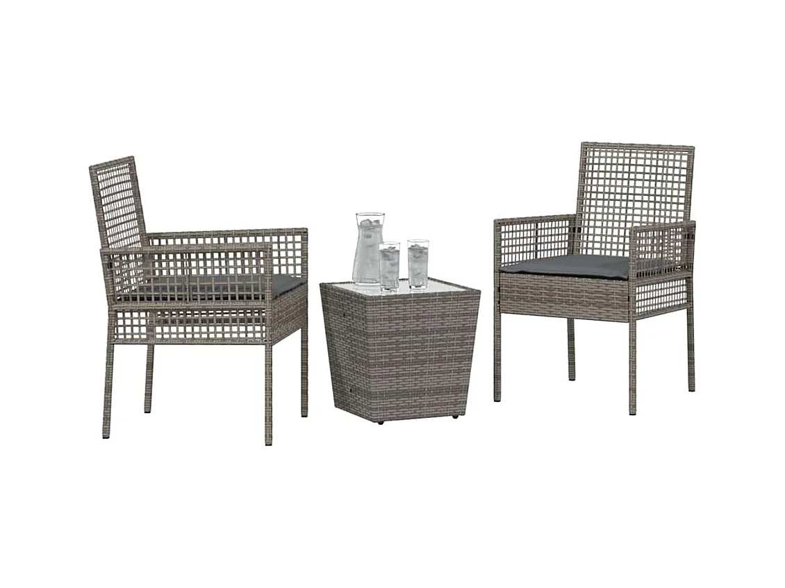 Set da bistrot da giardino 3 pezzi con cuscini in polyrattan grigio