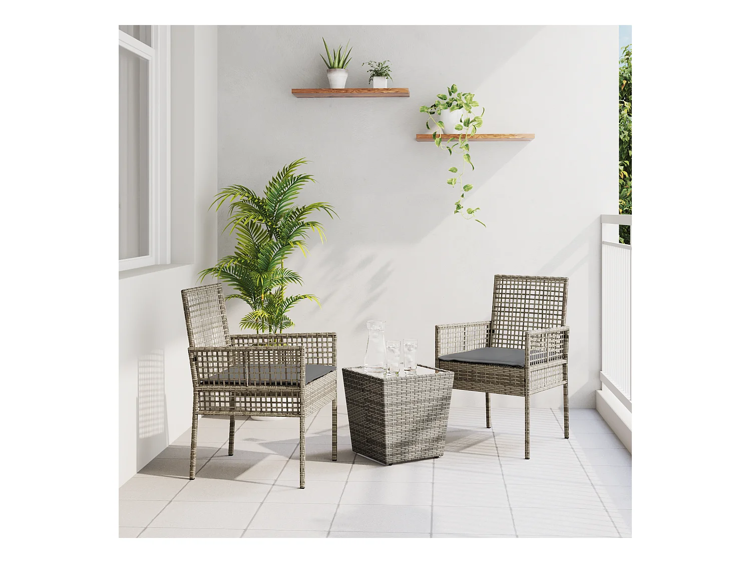 Set de Bistro de Jardin 3 Pièces avec Coussins Gris en Poly Rattan