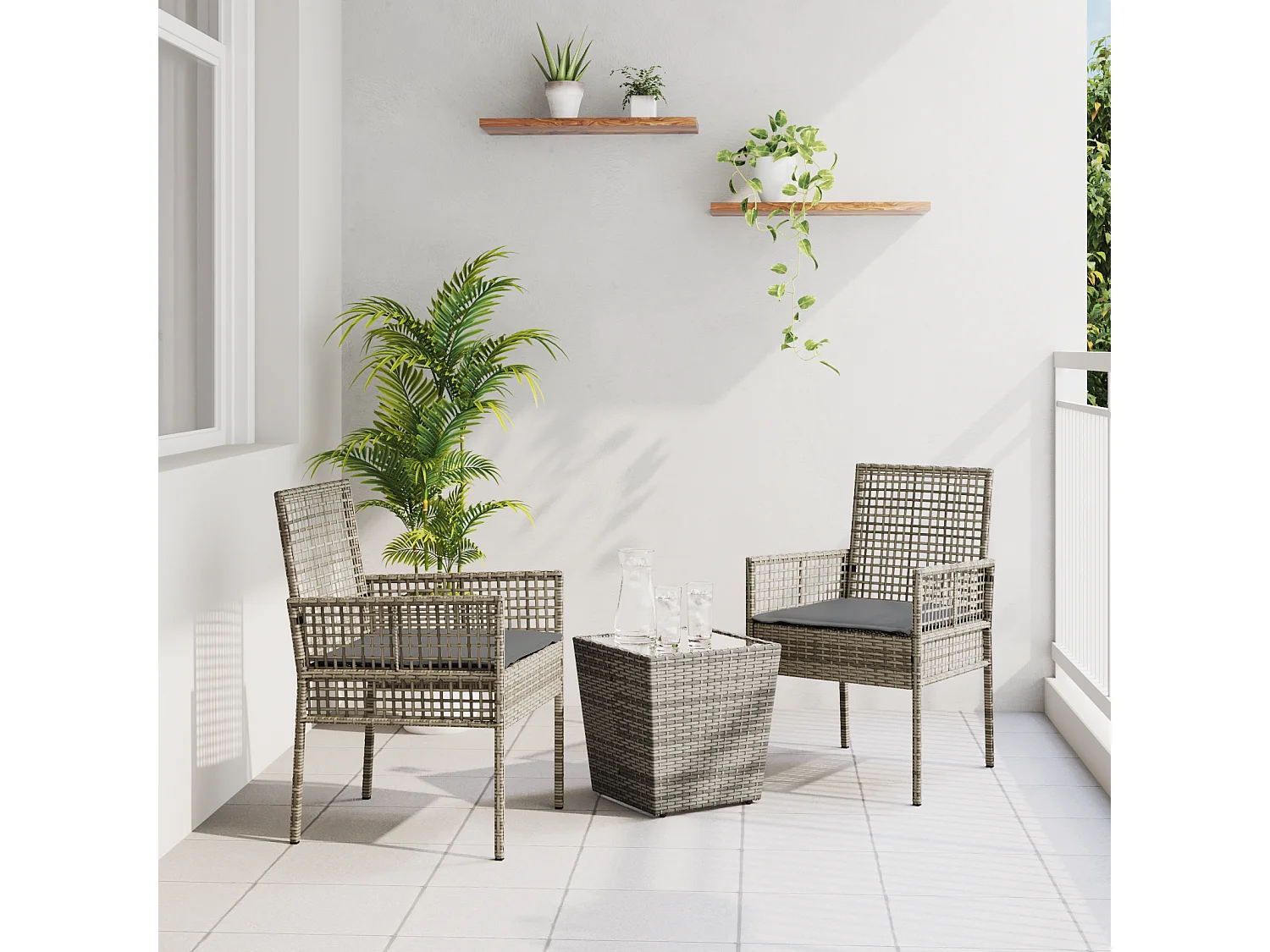 Set de Bistro de Jardin 3 Pièces avec Coussins Gris en Poly Rattan