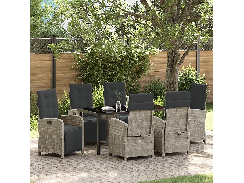 Ensemble de salle à manger de jardin 7 pièces avec coussins en poly rotin gris clair