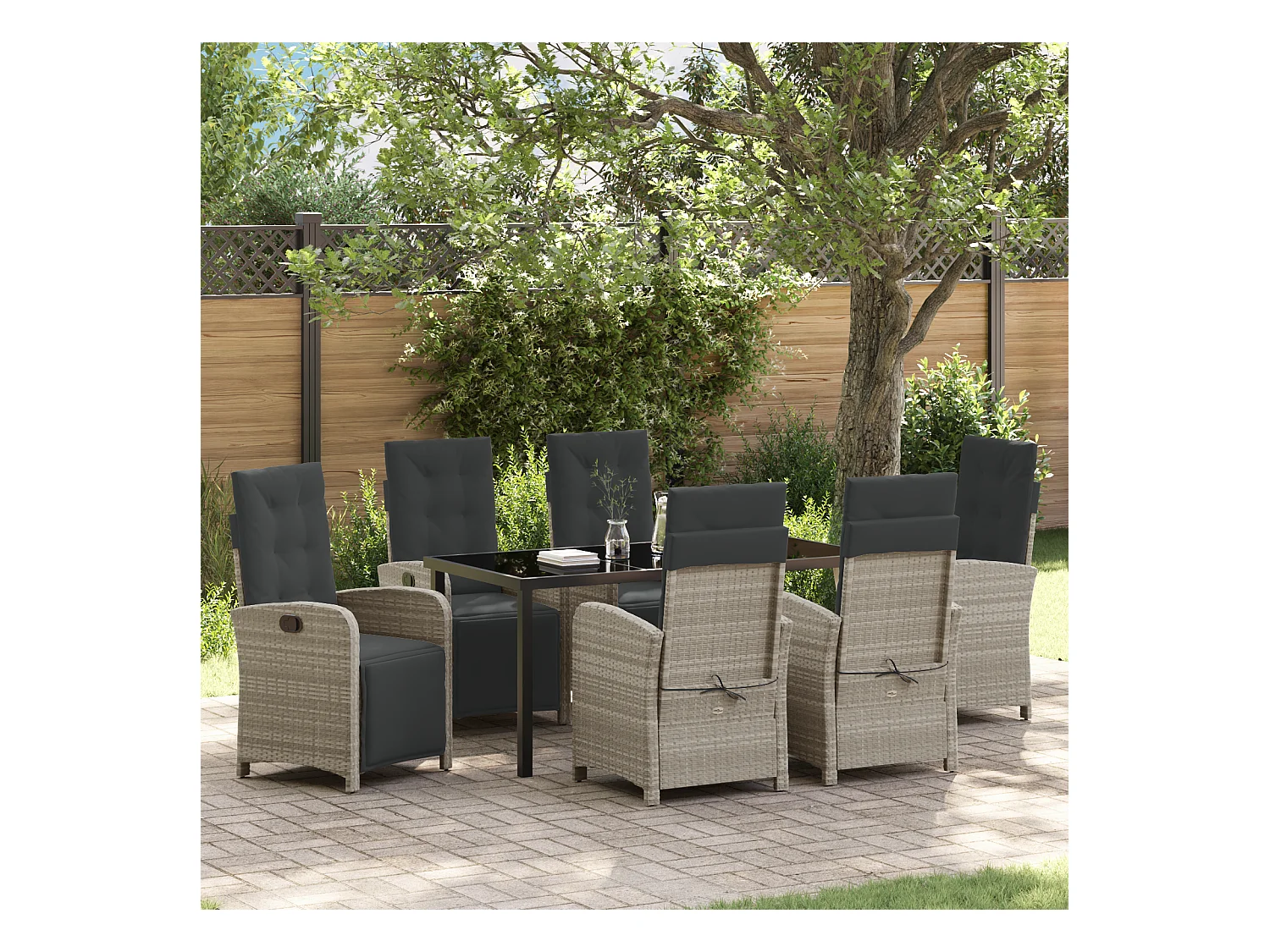 Ensemble de salle à manger de jardin 7 pièces avec coussins en poly rotin gris clair