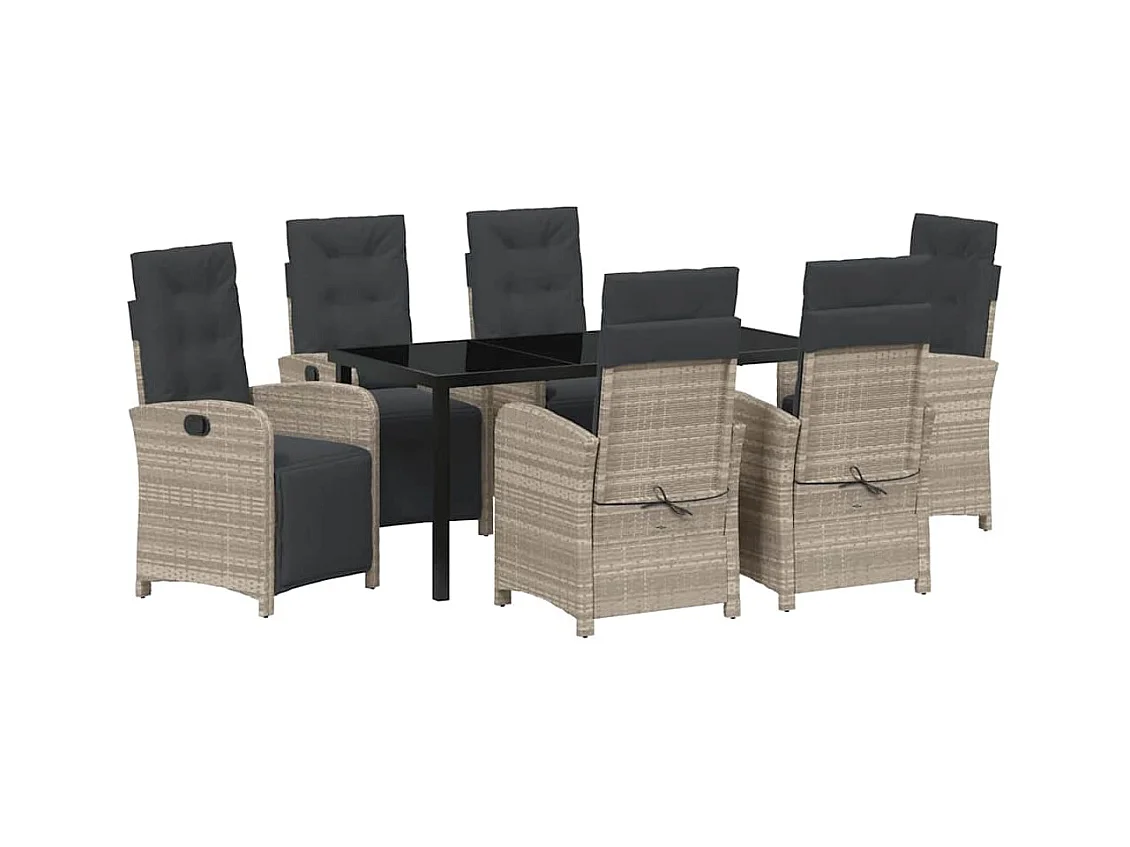 Ensemble de salle à manger de jardin 7 pièces avec coussins en poly rotin gris clair
